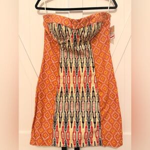 RACHEL Rachel Roy Strapless Mixed-Print Orange and Cream Dress